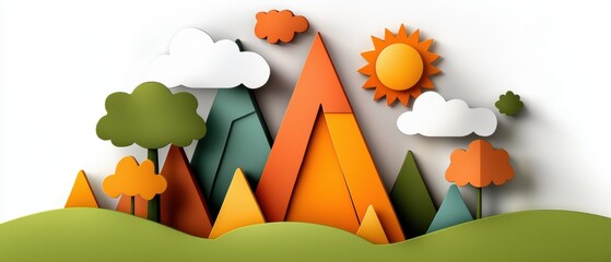 A vibrant, whimsical landscape crafted from paper, featuring a sun, clouds, trees, and mountains.