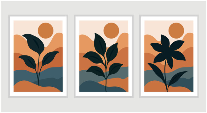 Mountain and Botanical wall art vector set. Earth tones landscapes wallpaper. Oasis Tropical backgrounds collection with mountain, sand, palm,Twigs leaf, moon or sun. Vector illustration.