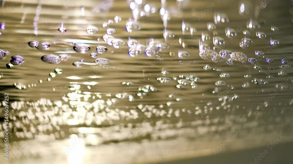 Poster bubbles float and move underwater in a close-up shot, illuminated by sunlight and creating a mesmeri