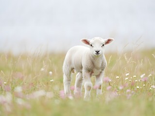 Fototapeta premium A fluffy lamb stands serenely in a field of wildflowers and grass, radiating innocence and charm under a soft, diffused sky.