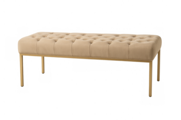 Beige upholstered ottoman bench with gold legs on transparent background