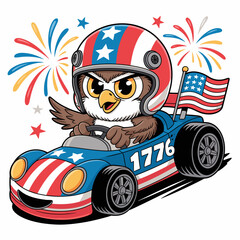 Patriotic 4th of July Owl in a racing car Vector Illustration