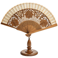 Ornate fan on wood stand isolated on transparent background