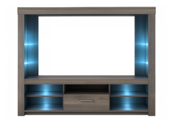 Modern tv stand with blue led lights on transparent background