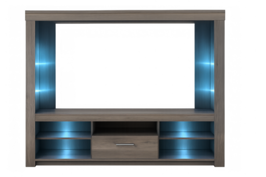 Modern tv stand with blue led lights on transparent background