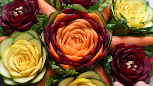 Intricate Vegetable Carvings Displayed as Artistic Floral Arrangement