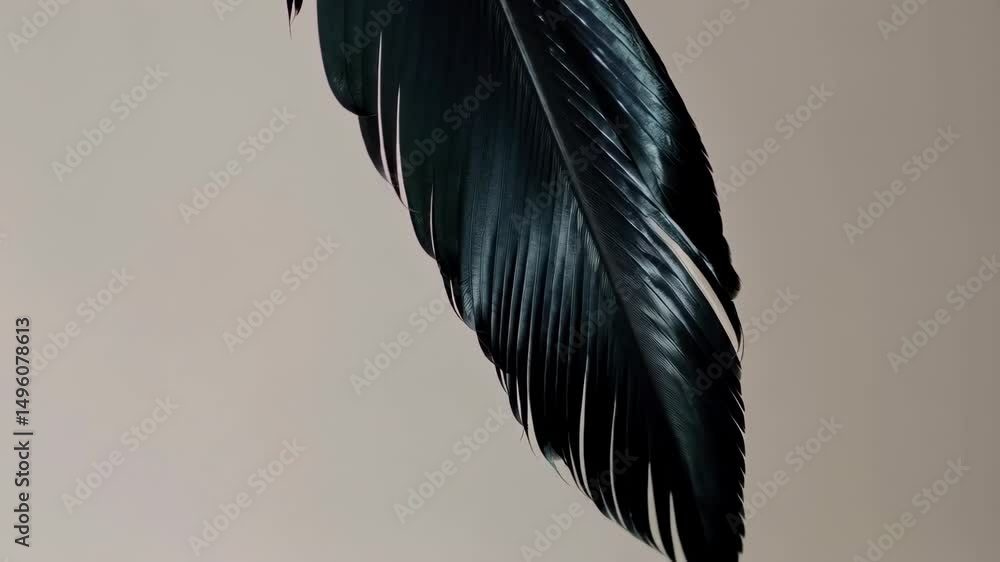 Poster elegant dark feather gently swaying against a neutral backdrop, emphasizing texture and subtle movem