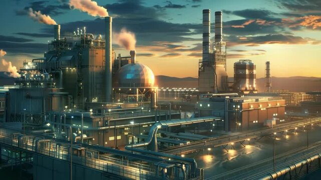 Futuristic reprocessing facility with glowing pipelines and steam towers under golden dusk lighting