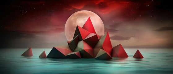 A surrealistic scene of a red and green geometric island with a large pink moon in the background.