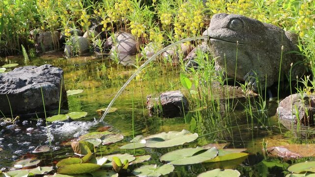 Wasser speiender Frosch aus Stein am Gartenteich, ges&auml;umt von Straussbl&uuml;tigem Gilbweiderich (Lysimachia thyrsiflora)