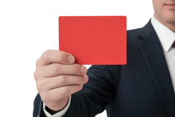 Businessman holding red card isolated on transparent background