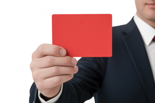 Businessman holding red card isolated on transparent background - Powered by Adobe