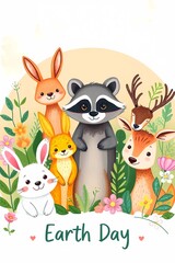 Naklejka premium Earth day illustration with cute animals rabbits deer raccoon flowers and plants