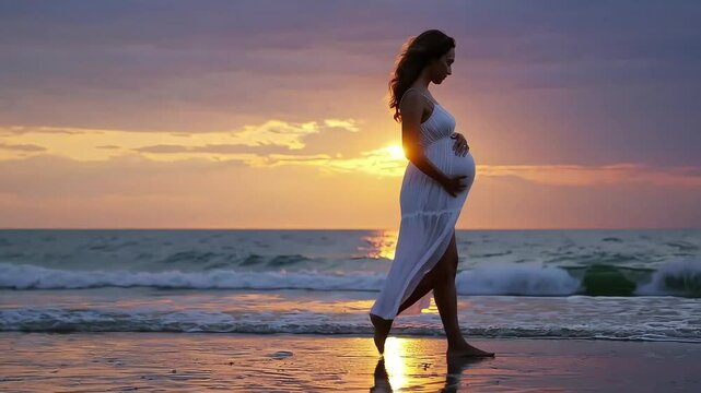Maternity beach walk at golden hour