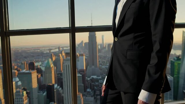 Man looking out window over city