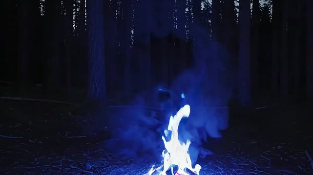 Smoke rising in dark forest at night