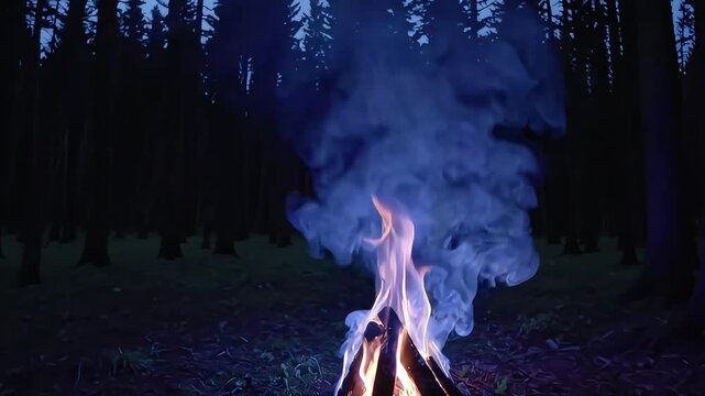 Bonfire and smoke in blue-lit forest