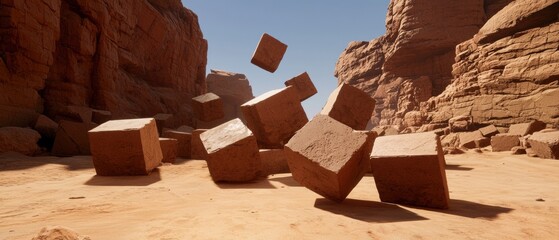 A surreal desert landscape with a large pile of stacked cubes and a falling cube.