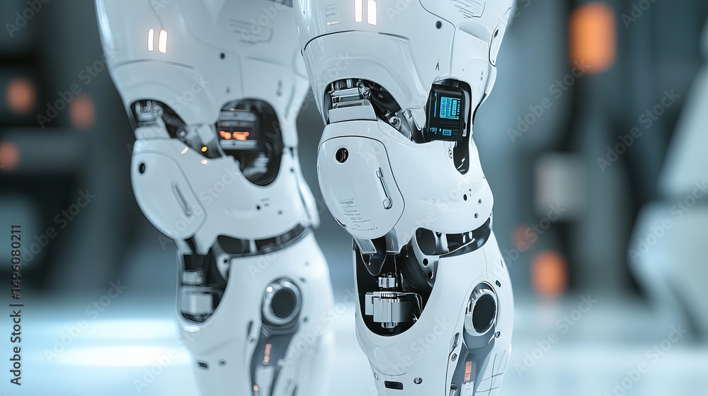 Poster advanced robotic legs futuristic technology white mechanical parts detailed design modern engineerin