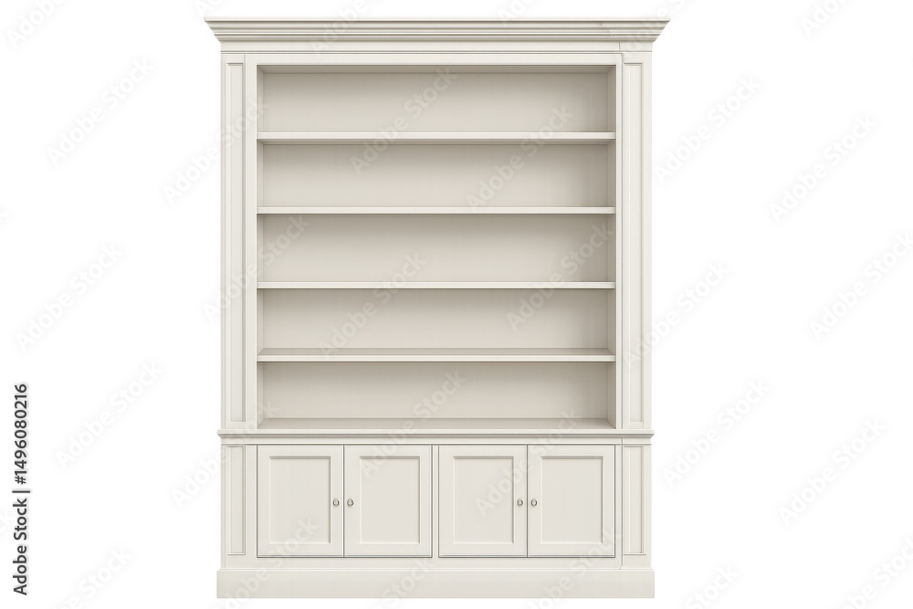Poster white empty bookcase with transparent background displaying organization and storage