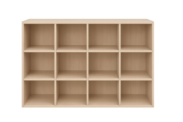 Empty wooden bookcase with cubby holes on transparent background