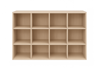 Empty wooden bookcase with cubby holes on transparent background