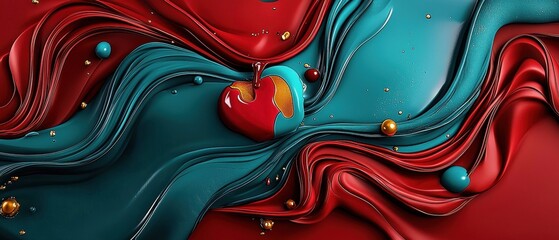 A digital illustration of a swirling, abstract pattern in red and blue, with gold accents and a central red apple.