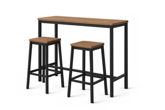 Modern bar table and two stools on transparent background