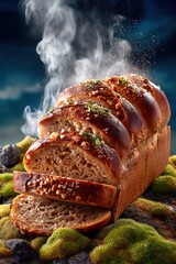 Sliced Icelandic rye bread loaf emits steam against a mossy lava field. Organic textures and warm colors create an inviting atmosphere. Concept of culinary, gastronomy, wellness