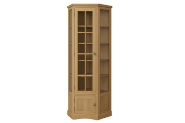 Obraz premium Wooden corner display cabinet with glass doors and transparent background