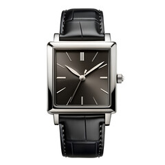 Elegant black rectangular designer watch on transparent background