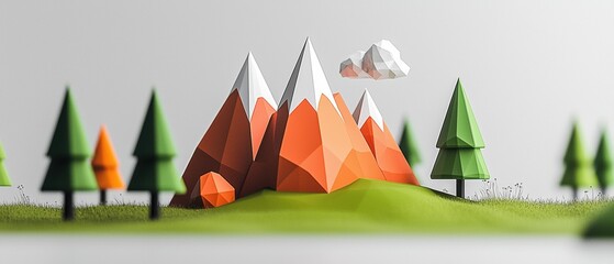 A 3D rendering of a mountain range with snow-capped peaks and a cloudy sky.