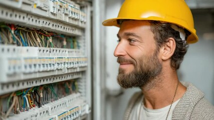 A smiling electrician wearing a yellow hard hat works on a control panel with exposed wiring.