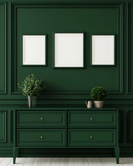 Green wall art with framed prints and cabinet. Modern interior with botanical elements, wooden floor. Dark green hue.