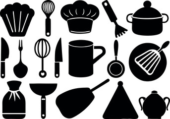 set of kitchen knife mug chafe utensils icon silhouette