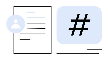 Obraz premium Document with user profile icon and text lines alongside a metadata tag symbol in a blue box. Ideal for networking, profile creation, social media, digital identity, branding, communication, or