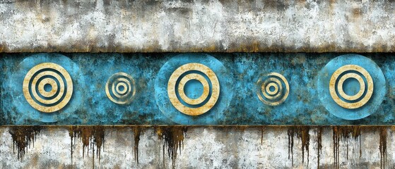 A painting of a blue wall with gold circles and a rusted metal strip.