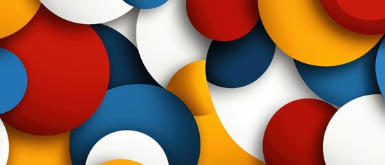 A vibrant abstract composition of overlapping circles in red, blue, yellow, and white.