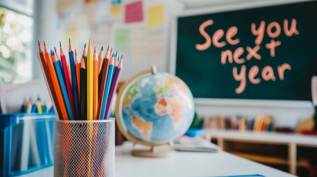 Colorful pencils, stationery products and words "See you next year". School supplies. Ending of school year.