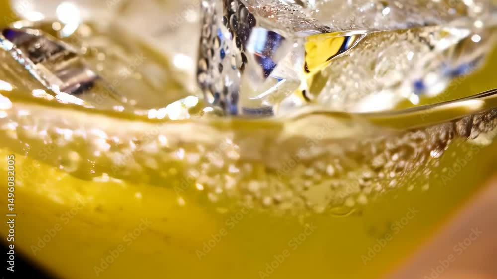 Aufkleber close up of large clear ice cubes dropping into a yellow liquid, creating bubbles, and ripples in a 