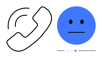 Phone call icon with sound waves and neutral blue face with progress bar. Ideal for communication, feedback, customer service, evaluation, user experience, technology, simple landing page