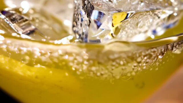 Close up of large clear ice cubes dropping into a yellow liquid, creating bubbles, and ripples in a cool drink.