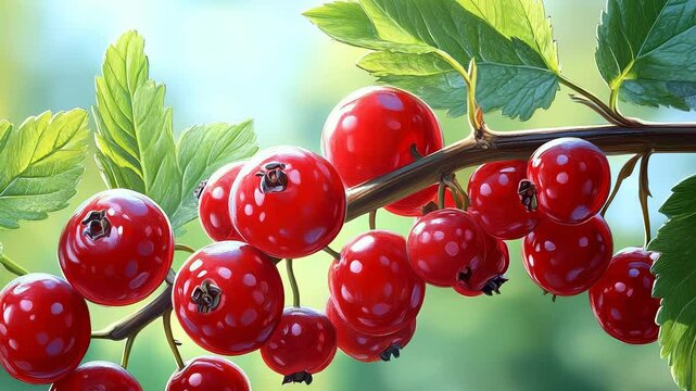 Vibrant Cluster of Red Currants on a Branch with Lush Green Leaves in Summertime