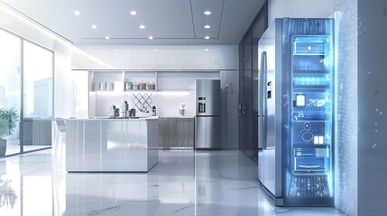 Modern Kitchen With Smart Refrigerator and White Island Design