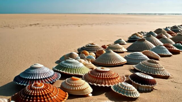 Assortment of decorative seashells arranged in rows on the sandy shore during a sunny day creating a beachside still life.