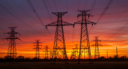 Electrical transmission towers silhouetted against a colorful sunset  