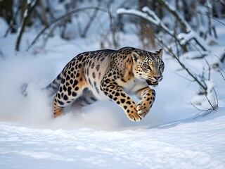 Obraz premium Dynamic Snow Leopard Sprinting Through Snowy Mountain Terrain