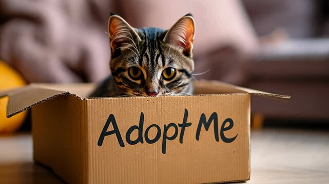 Cute tabby kitten in box with adopt me sign
