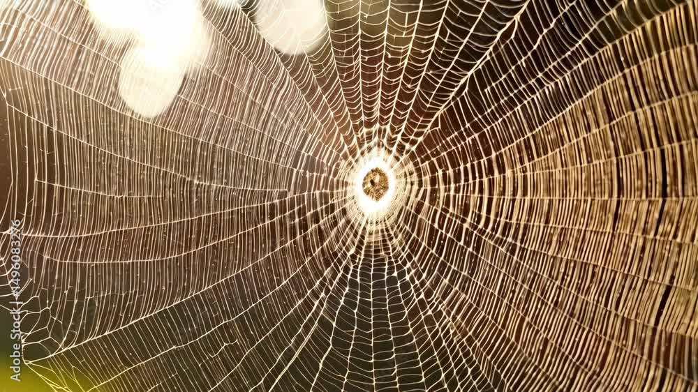 Poster spiderweb glistening in sunlight, showing intricate symmetrical pattern and design in nature on gree