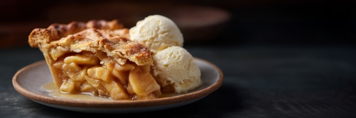 Delicious golden flaky apple pie with cinnamon spice and vanilla ice cream